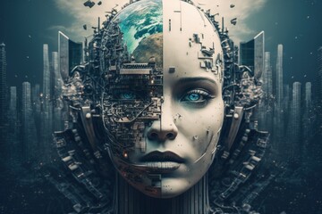 Concept of artificial intelligence controlling the world, humanoid artificial intelligence, digital illustration, AI