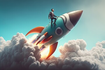 Business man flying on top of rocket, startup creation concept, digital illustration, Generative AI - obrazy, fototapety, plakaty