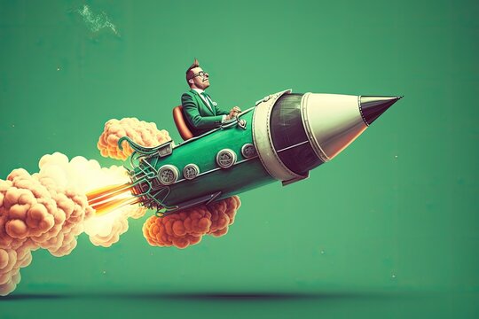 Business man flying on top of rocket, startup creation concept,  green background, digital illustration, Generative AI