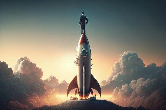 Businessman on top of rocket, startup creation concept, digital illustration, Generative AI