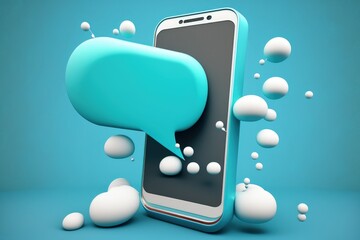 Mobile phone with speech bubble on screen, blue background, Digital illustration, Generative AI