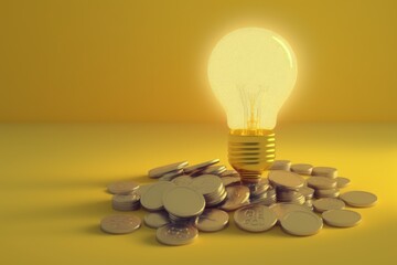 Obraz na płótnie Canvas Light bulb on top of stack of coins. business idea concept, yellow background, Digital illustration, Generative AI