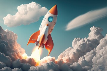 Naklejka premium Rocket flying in blue sky with clouds, digital illustration, Generative AI