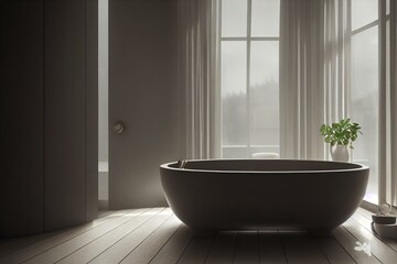 Fototapeta na wymiar Corner view on dark bathroom interior with large bathtub. Generative AI