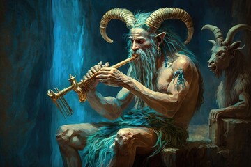 A satyr with goat, playing a pan flute with delight. Digital art painting, Fantasy art, Wallpaper. Generative ai. - obrazy, fototapety, plakaty