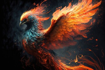 A phoenix with fiery red and orange feathers, rising from the ashes of its previous form. Digital art painting, Fantasy art, Wallpaper. Generative ai.	 - obrazy, fototapety, plakaty