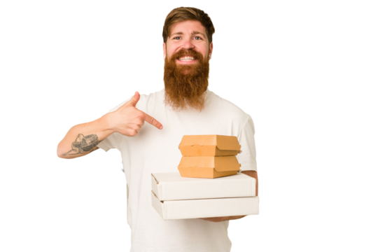 Adult man holding fast food delivery packages isolated cut out person pointing by hand to a shirt copy space, proud and confident
