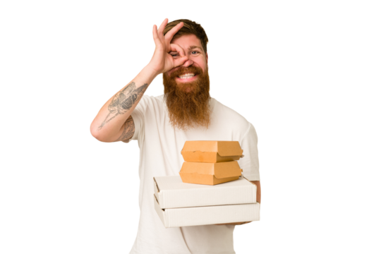 Adult man holding fast food delivery packages isolated cut out excited keeping ok gesture on eye.