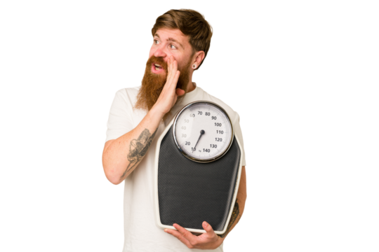 Adult redhead man with long beard holding a scale isolated cut out is saying a secret hot braking news and looking aside