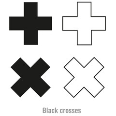 Iconos  de cruces blancas y negras sobre un fondo blanco liso y aislado. Vista de frente y de cerca. Copy space