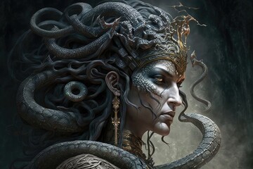 A gorgon with snakes for hair, turning its enemies to stone with a single glance. Digital art painting, Fantasy art, Wallpaper. Generative ai. - obrazy, fototapety, plakaty