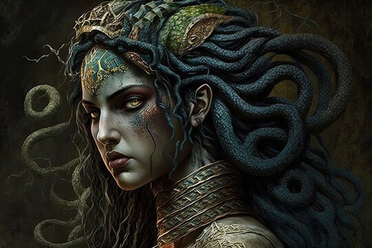 A gorgon with snakes for hair, turning its enemies to stone with a single glance. Digital art painting, Fantasy art, Wallpaper. Generative ai.