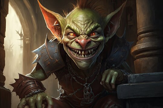 A goblin with a wicked grin, sharp claws, and a mischievous gleam in its eye. Digital art painting, Fantasy art, Wallpaper