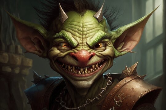 A goblin with a wicked grin, sharp claws, and a mischievous gleam in its eye. Digital art painting, Fantasy art, Wallpaper