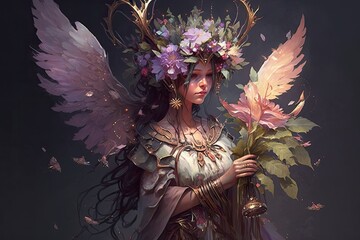 A fairy with delicate wings, wearing a crown of flowers and carrying a magic wand. Digital art painting, Fantasy art, Wallpaper - obrazy, fototapety, plakaty