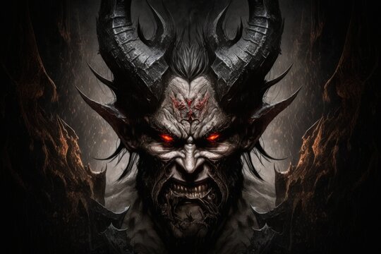 A demon with horns, sharp claws, and black wings, snarling with anger. Digital art painting, Fantasy art, Wallpaper