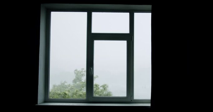Raining Ice Storm, Torrential Hailstone Rain on Window, Inundation, Torrential Rainstorm With Hail In Urban Residential Street. Flooding, Rainfall, Natural Calamity Disaster Heavy Rainy Day.