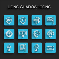 Set line Triangle warning blank, Road traffic sign, Stop, Parking car barrier, Fire exit, No cell phone and Speed limit icon. Vector