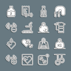 Set line Gymnastic rings, Weight, Towel on hanger, Vitamins, Treadmill machine, Dumbbell, Sports nutrition and Broken weight icon. Vector