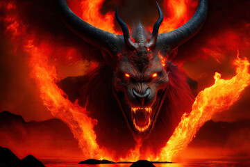 Satanic Devil Roaring in Intense Lake of Fire Inferno Generative AI Art Illustration