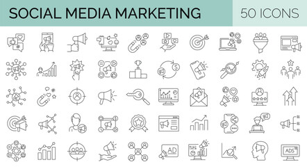 Fototapeta na wymiar Set of 50 Digital media marketing icons. Data analytics, SEO, ads, business. Editable Stroke. Vector illustration. 