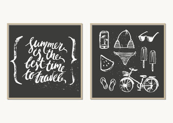 Summer poter set with hand drawn chalk sketches and lettering and grunge texture