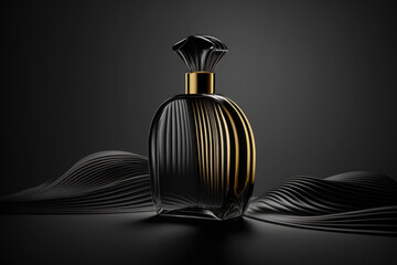 Perfumery. Minimal composition with perfume bottle on a dark background. Created with Generative AI technology. - obrazy, fototapety, plakaty