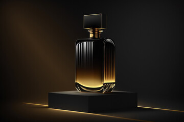 Perfumery. Minimal composition with perfume bottle on a dark background. Created with Generative AI technology.