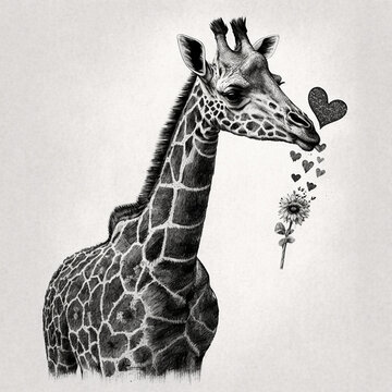 Monochrome drawn giraffe on white background. Created using ai generative. 