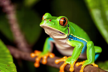 Fototapeta premium Close-up of a Red-Eyed Tree Frog on a Branch Generative AI Photo