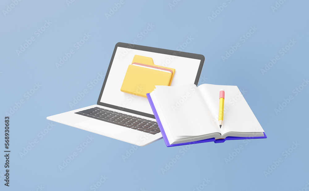 Poster 3d laptop mockup with file folders document floating on pastel background. open book pencil learning