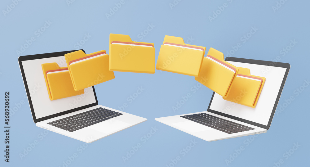 Poster 3d two computer laptop moving file folders into laptop backup documents information management, stor
