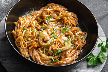 vegetable rice noodles soy sauce, coconut cream, glass noodle fresh meal food snack on the table copy space food background rustic top view