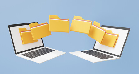 3D two computer laptop moving file folders into laptop backup documents information management, storage share data, finance business, minimal cartoon style. 3d rendering. illustration