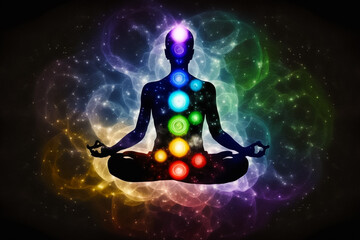 Obraz na płótnie Canvas human meditating to activate all seven chakras isolated universe background. Generative AI