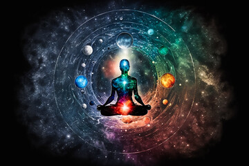 human meditating to activate all seven chakras isolated universe background. Generative AI - obrazy, fototapety, plakaty