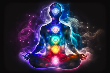 Man is meditating with glowing seven chakras. Generative AI