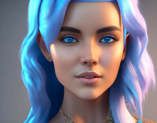 Colorful 3d realistic front view portrait of beautiful atracting young woman with blue hair.