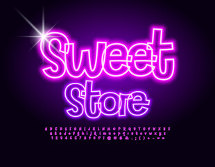 Vector glowing emblem Sweet Store with eclectic artistic Font. Neon set of Alphabet Letters, Numbers and Symbols set