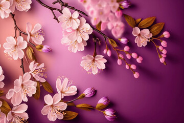 Obraz na płótnie Canvas Pretty spring cherry blossom branches on pink purple background. Springtime holidays and nature concept - created with AI