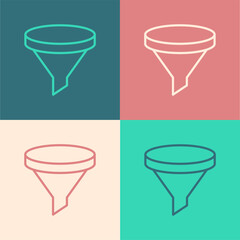 Pop art line Funnel or filter icon isolated on color background. Vector