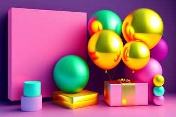 A 3D Soft Pop Art Design with Yellow Gift Boxes and Balloons on a Pink Background