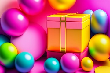 A 3D Design with Yellow Gift Boxes and Balloons on Pink Background