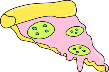 Pizza retro 90s style. Colorful vector sticker isolated on transparent background.