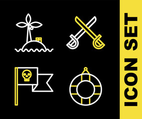 Set line Crossed pirate swords, Lifebuoy, Pirate flag with skull and Tropical island in ocean icon. Vector