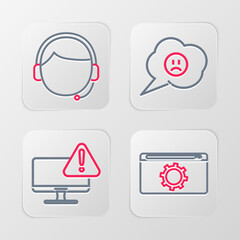 Set line Setting, Monitor with exclamation mark, Speech bubble sad smile and Man headset icon. Vector