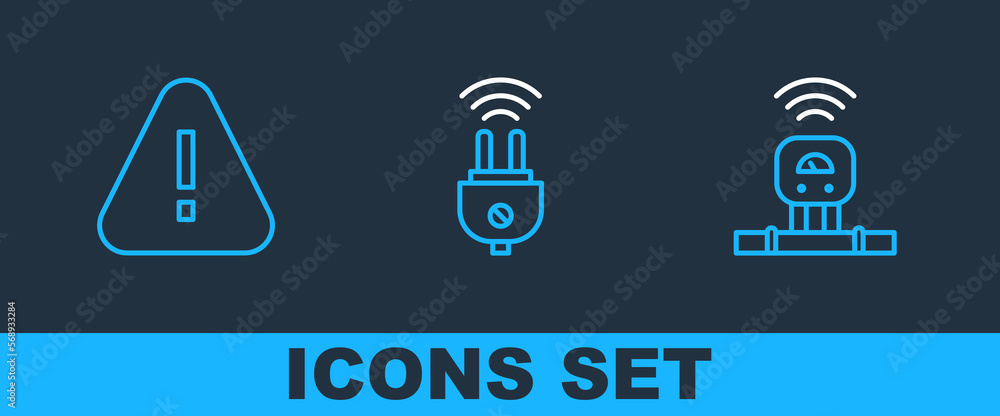 Poster set line smart sensor, exclamation mark in triangle and electric plug icon. vector