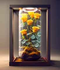 Yellow Roses Inside a Glass Box, AI