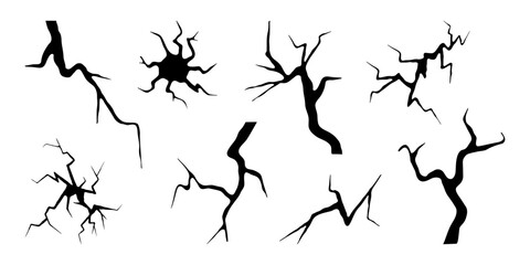 Crack vector icon, cracked ground, earthquake effect, hole wall, ice, glass, egg, dry fissure on land surface, break set from disaster or drought, fractures top view isolated on white background