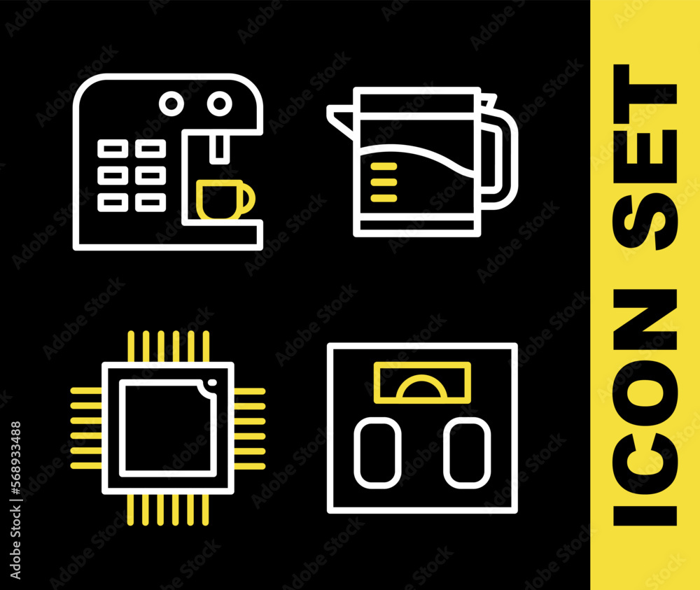 Poster set line electric kettle, bathroom scales, processor with microcircuits cpu and coffee machine icon.